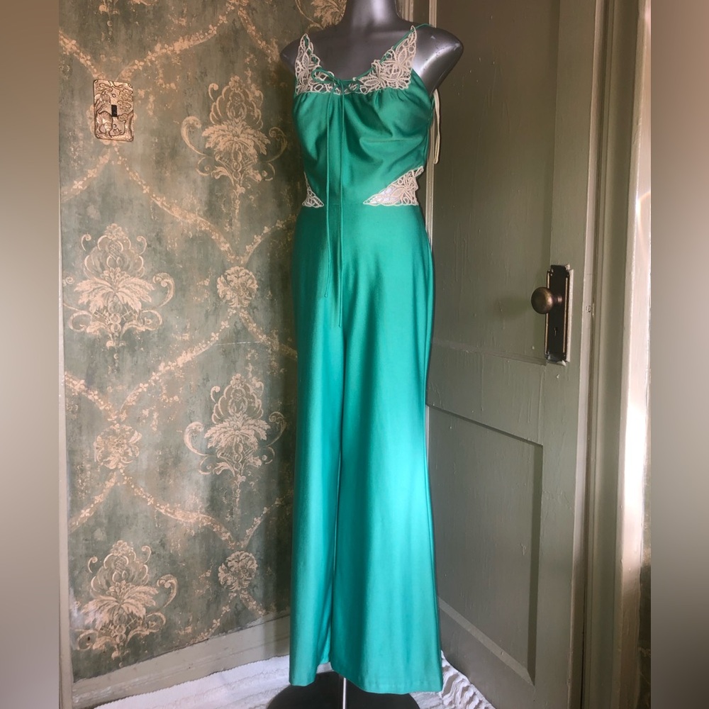 VINTAGE 70sFrederick's of Hollywood Green Teal Jumpsuit with White Lace